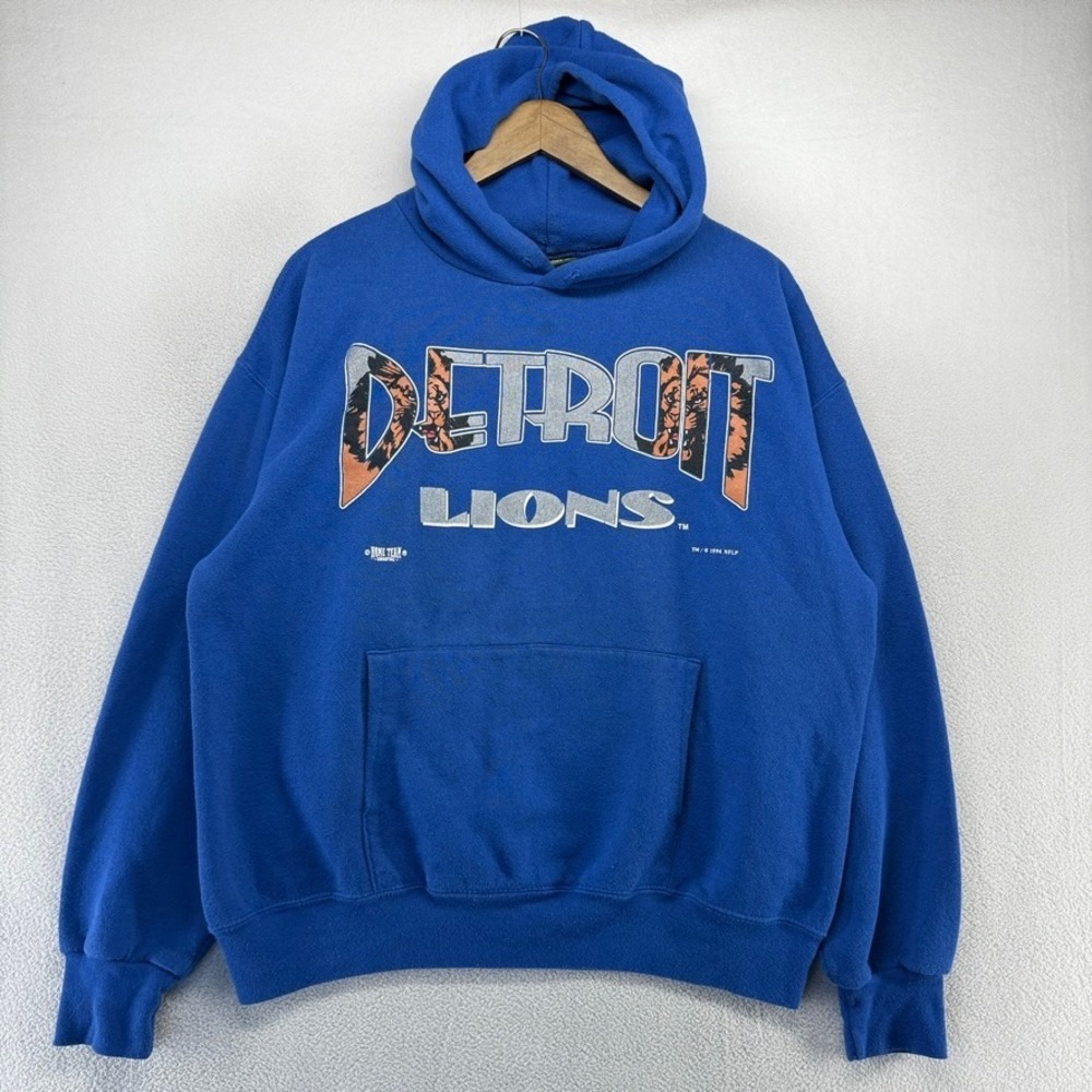 Vintage Detroit Lions Hoodie Mens Medium Blue Graphic Graphic USA Made Logo 90s